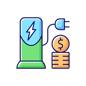 cartoon of EV charging station and a stack of coins representing EV charging cost434105836