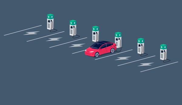 red car parked at EV charging station with row of charging stations (vector graphic)439309567