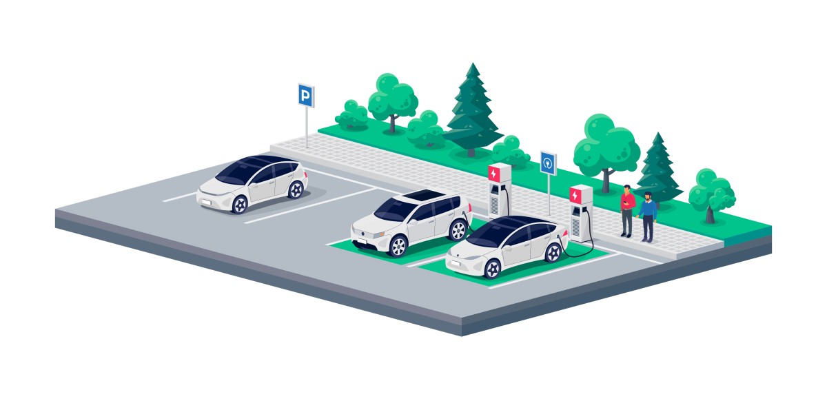 Drivers wait for car to charge at EV Charging station (vector graphic) 504374695