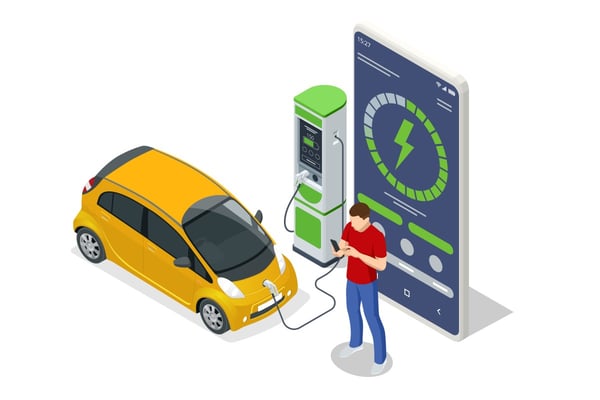 cartoon man standing in front of EV charging station using EV charging app507087418