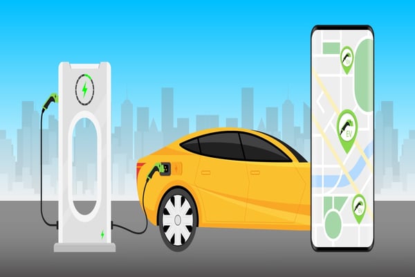 cartoon EV charger with car charging via charging app 527103912