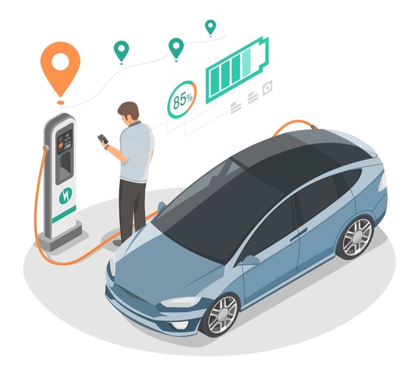 Man charges EV at workplace ev charging station 559914579