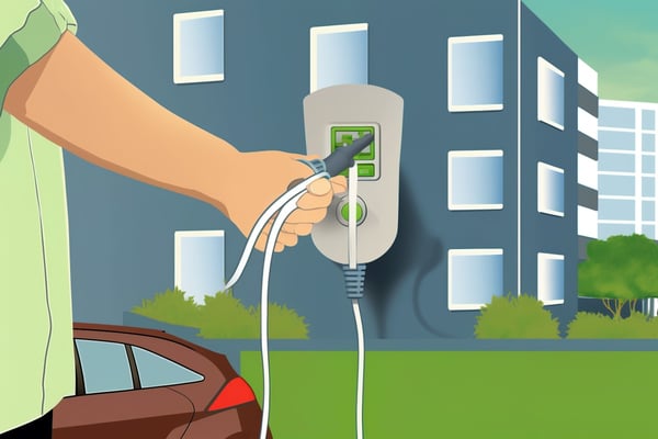 man plugging in EV at condo (cartoon) 575712263