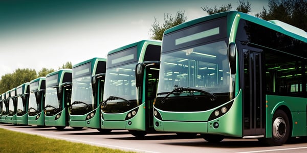 Green EV buses lined up in a row 579789041