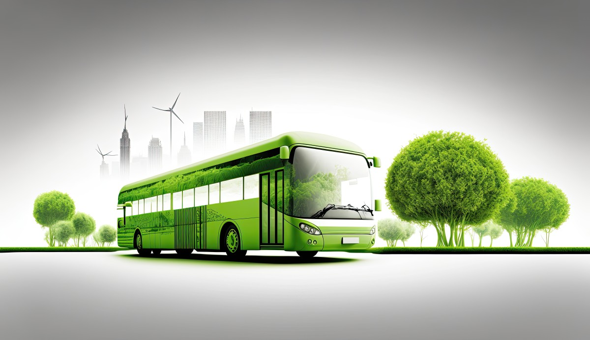 AI Image of an EV bus parked among trees with city skyline in background 586110807